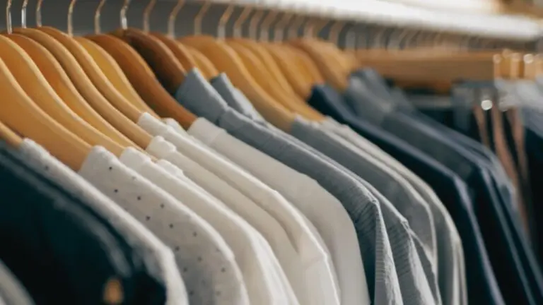 A Row of Various Shirts Made from Synthetic Fibers Hanging on Wooden Hangers in A Closet