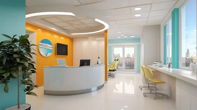 A clean, modern dental office with a reception desk, chairs, and large windows