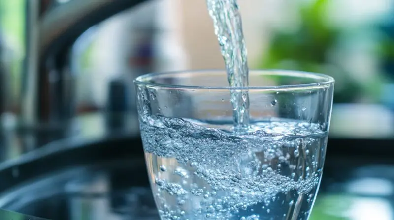 Close-up of a glass being filled with clear water from a faucet