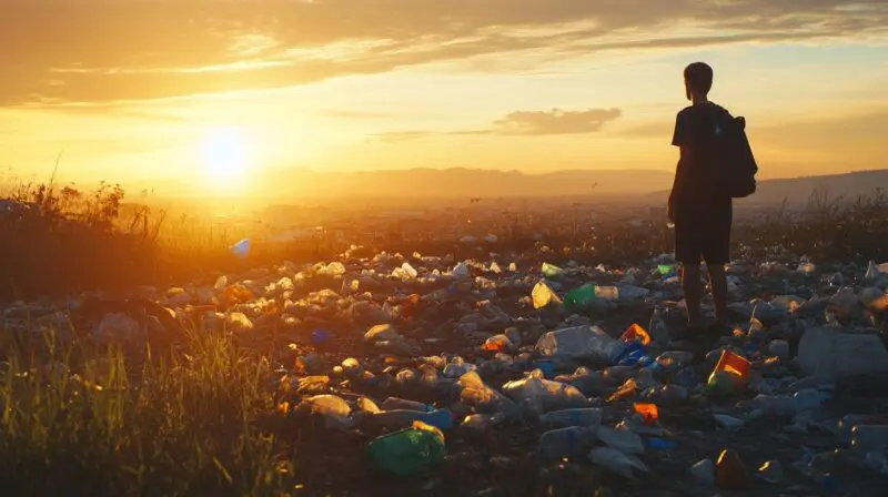 A person standing on a hill covered in plastic waste, overlooking a sunset-lit cityscape