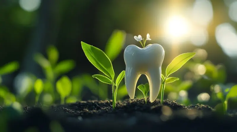 A tooth-shaped object with a small flower, surrounded by green plants in sunlight