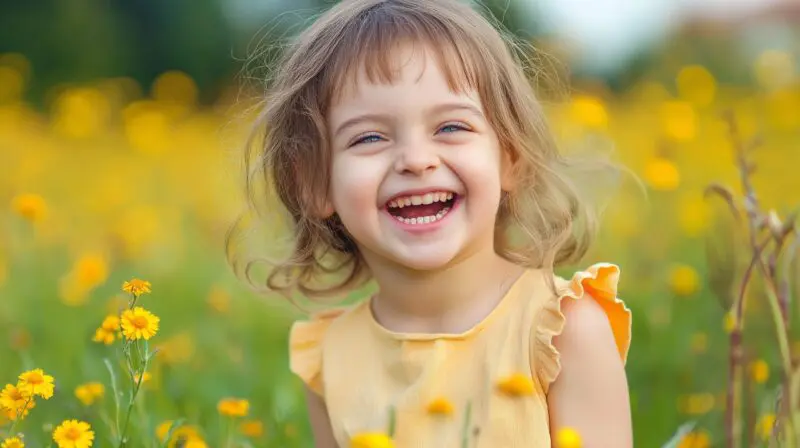 A young girl smiling brightly in a field of yellow flowers