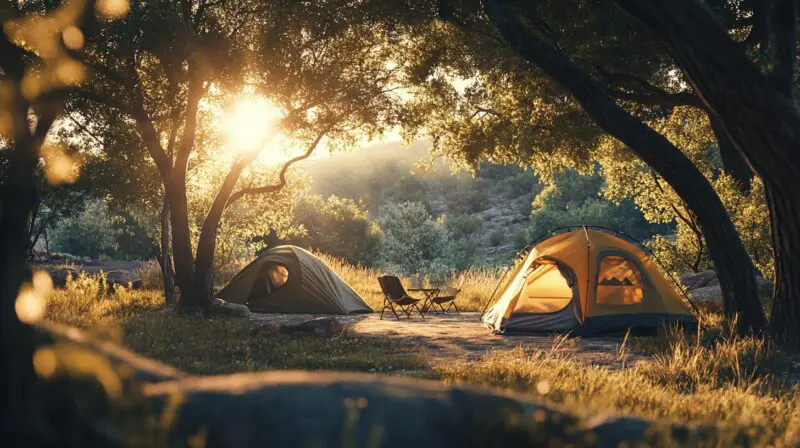 A serene campsite with two tents set under trees, bathed in warm sunlight during golden hour