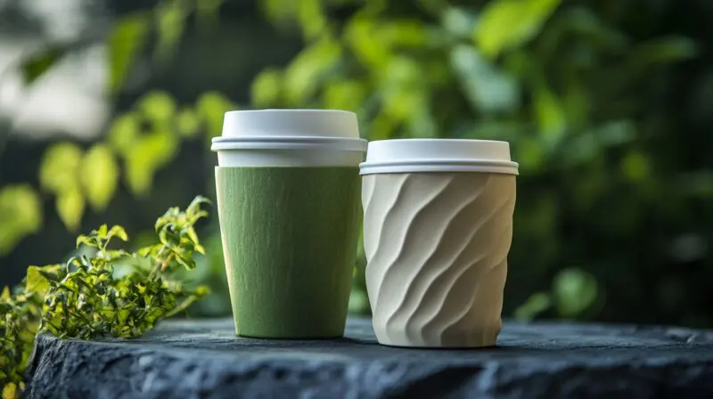 Two reusable coffee cups with lids, one green and one beige, set against a natural outdoor background.