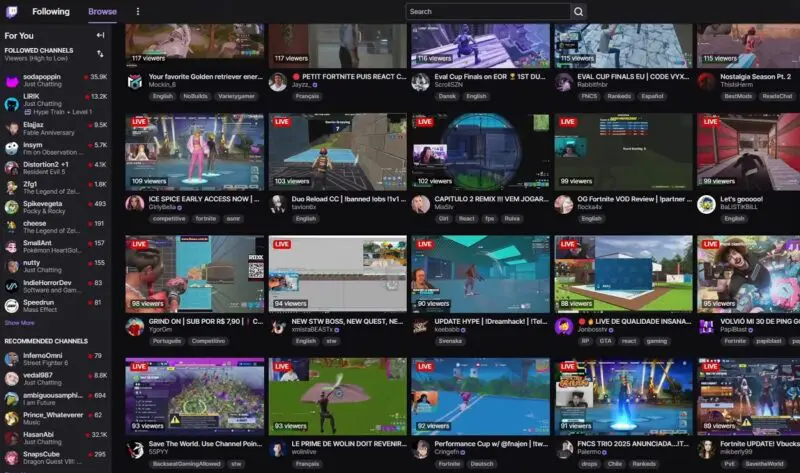 A Twitch streaming interface showing a grid of live streams with thumbnails, viewer counts, and descriptions