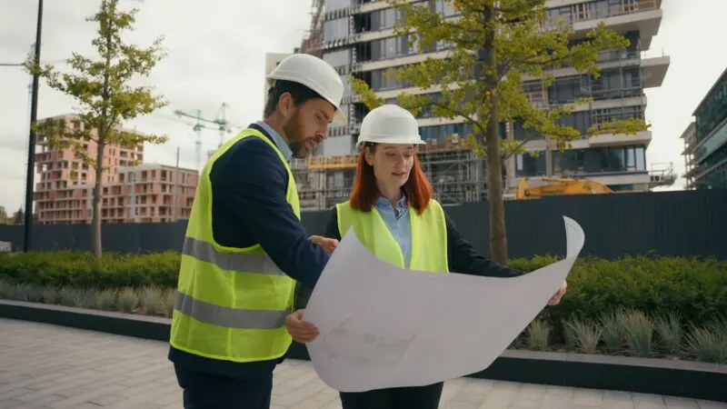 A male and female construction manager, both wearing white hard hats and neon yellow safety vests, examine large blueprints at an outdoor construction site