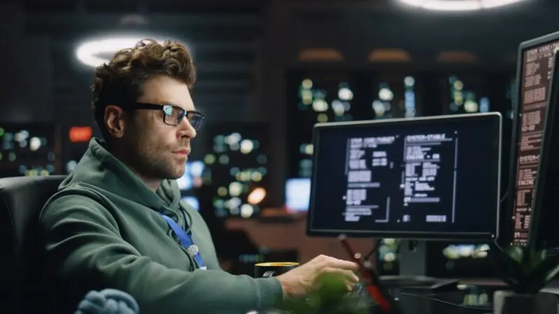 A young male cybersecurity expert wearing a hoodie and glasses works in a high-tech control room with multiple monitors displaying system security data