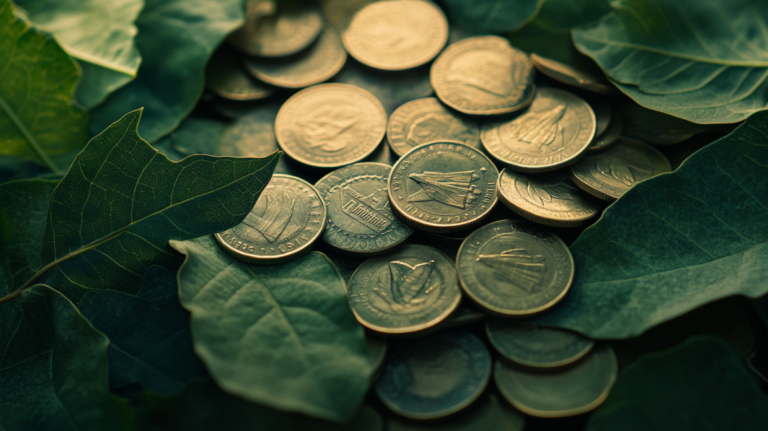 A Pile of Coins Surrounded by Green Leaves, Symbolizing the Concept of ESG (environmental, Social, and Governance) Investments and Sustainable Finance