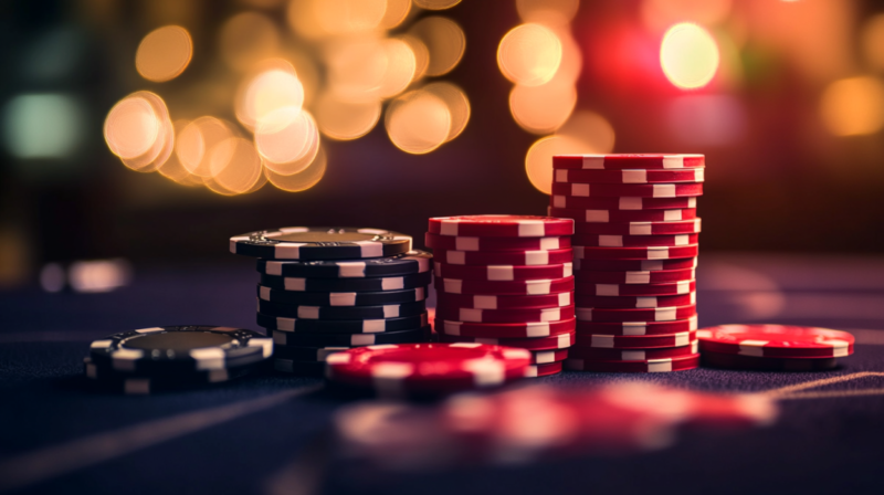 Stacks of Red and Black Poker Chips on A Casino Table with Blurred Lights in The Background