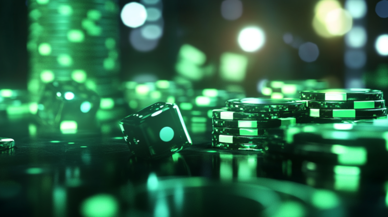 Green Dice and Poker Chips Glowing Under Low Light, Representing the Environmental Benefits of iGaming