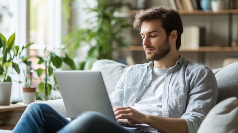 A Man Using a Laptop While Sitting on A Couch at Home, Symbolizing the Energy-Saving Potential of Online Activities Like iGaming